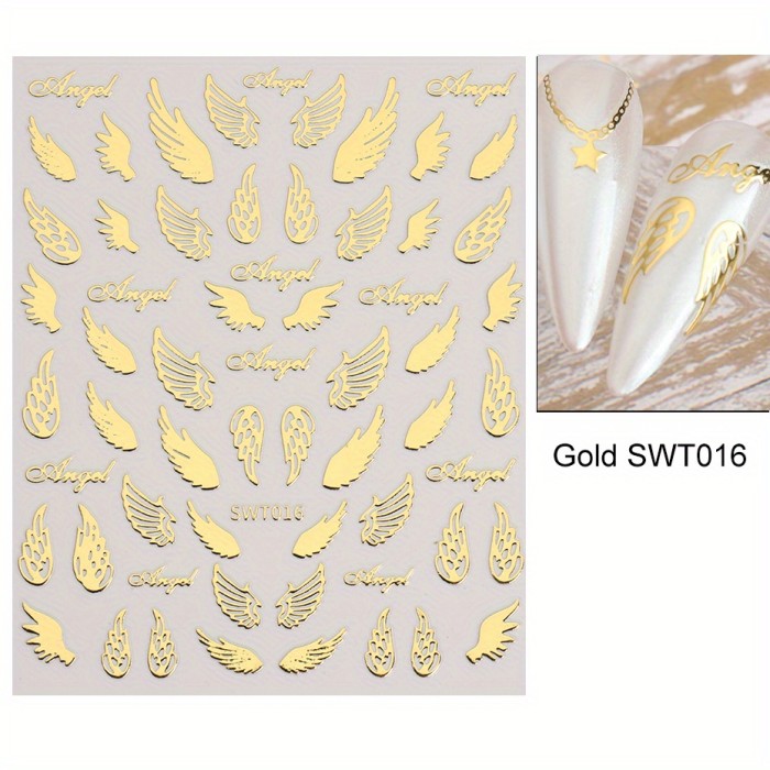 Bronzing Nail Stickers, Angel Wings Star Moon Necklace Nail Decals, Polished Sliver Golden Pattern Manicure Accessories