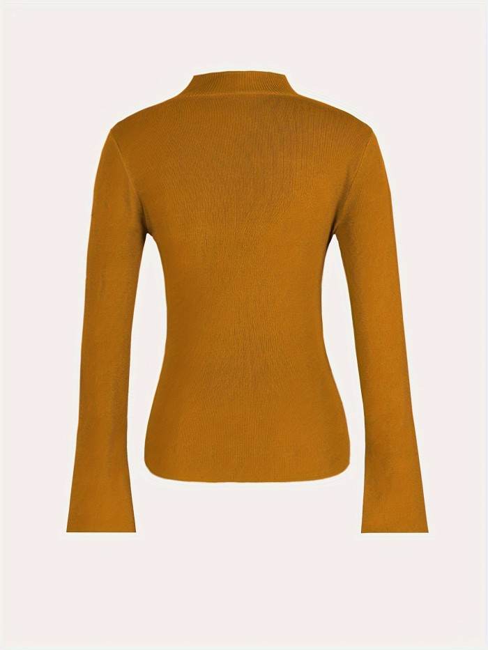 Elegant Crisscross Notch Neck Acrylic Sweater - Long Sleeve, Mid Elasticity, Button Decor, Solid Color, Hand Washable - Perfect for Spring & Fall, Womens Customized Knit Fabric Clothing