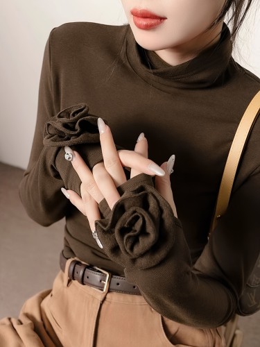 Women's Elegant High-Neck T-Shirt with 3D Floral Embellishments, Polyester Knit Long Sleeve Top, Solid Color, Regular Fit, All-Season Fashion Tee