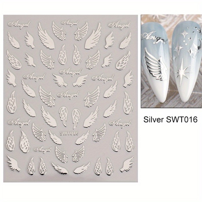 Bronzing Nail Stickers, Angel Wings Star Moon Necklace Nail Decals, Polished Sliver Golden Pattern Manicure Accessories