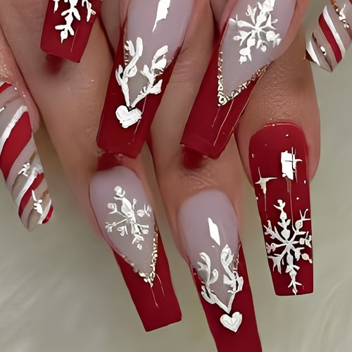 Christmas Holiday 24pcs Mixed Color System Ballet Press On Nails, Long Glossy Red Nails with Silver Art Patterns and Sparkling Stripes, Full Coverage Fake Nails Set for Women, Festive Gift
