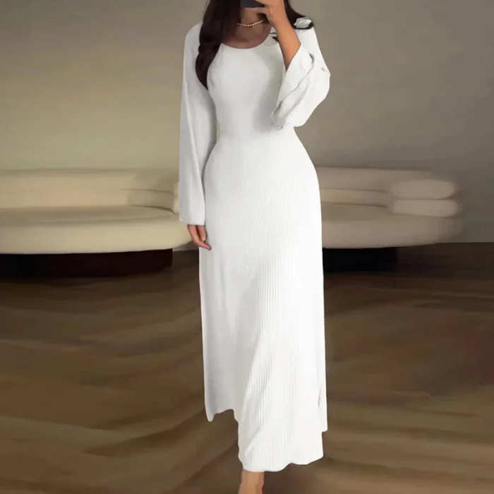 Patchwork Bandaged Round-necked Slim-fitted Long-sleeved Street-ready Ankle-length Maxi Dress