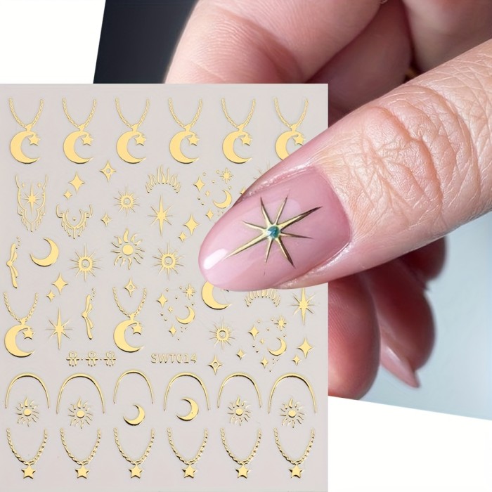 Bronzing Nail Stickers, Angel Wings Star Moon Necklace Nail Decals, Polished Sliver Golden Pattern Manicure Accessories