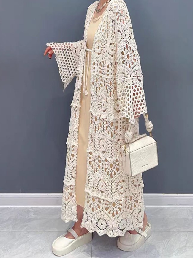Chic & Versatile Open-Front Cardigan for Women - Casual Loose Fit, Breathable Cotton Blend, Semi-Sheer with Hollow Detail, Perfect for All Seasons