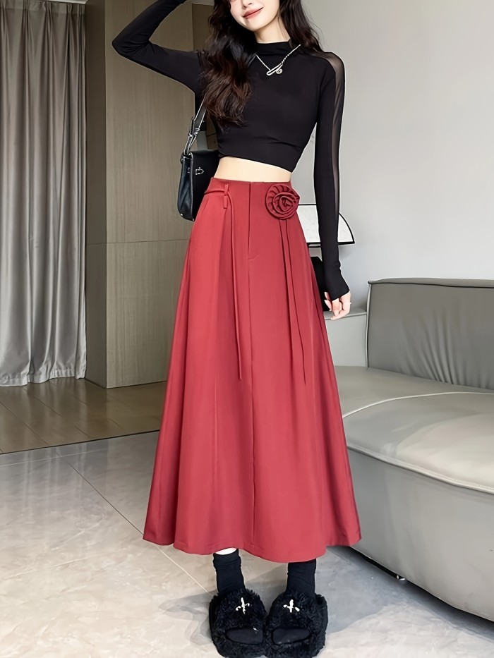 Hemlock Floral High-Waist A-Line Midi Skirt, Polyester Blend, Solid Color, Spring\u002FFall, with Zipper Detail, for Women, Young Style Woven Skirt