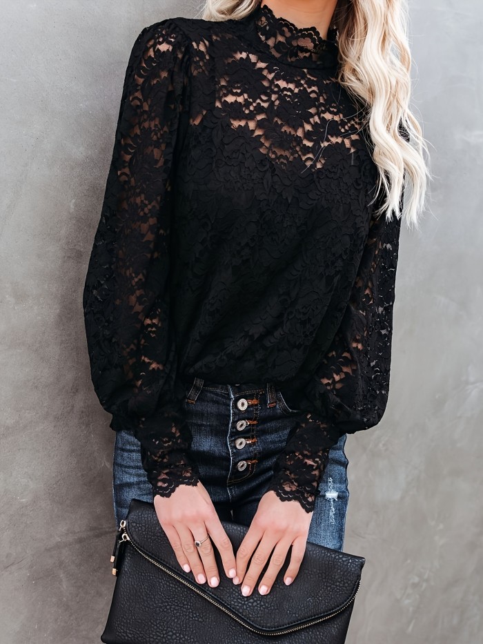 Elegant Floral Lace Top - Semi-Sheer, Mock Neck, Long Sleeve, Solid Pattern, Spring & Fall Essential - Women's Clothing for Chic Style