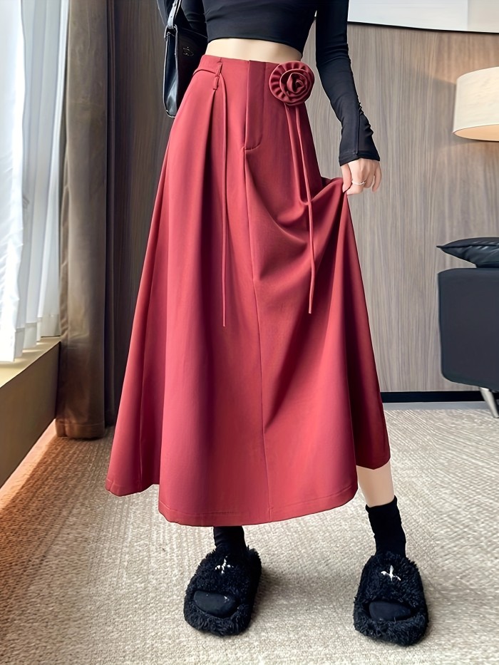 Hemlock Floral High-Waist A-Line Midi Skirt, Polyester Blend, Solid Color, Spring\u002FFall, with Zipper Detail, for Women, Young Style Woven Skirt