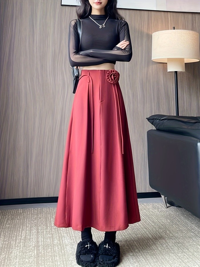 Hemlock Floral High-Waist A-Line Midi Skirt, Polyester Blend, Solid Color, Spring\u002FFall, with Zipper Detail, for Women, Young Style Woven Skirt