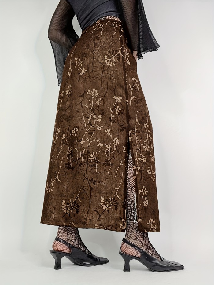 1pc French Romantic High-Waisted Midi Skirt, Polyester Floral Print with Side Slit, All-Season Knit Fabric Skirt for Vacation