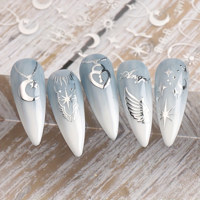 Bronzing Nail Stickers, Angel Wings Star Moon Necklace Nail Decals, Polished Sliver Golden Pattern Manicure Accessories