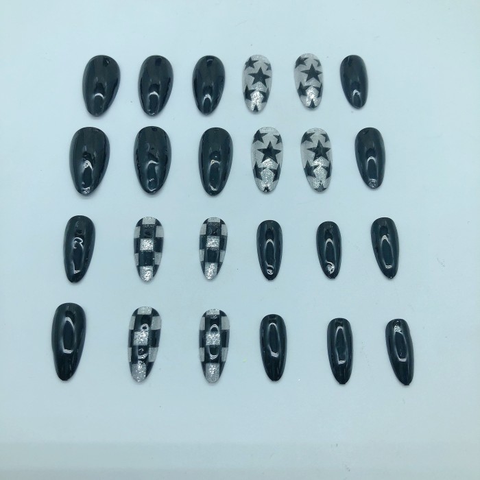 24 Pcs Black & Silver Glitter Star Colorblock Long Almond Shaped Press On Nails - Glossy Finish, False Nail Set for Women, French Style Manicure Kit for Sparkling Holiday Nail Art