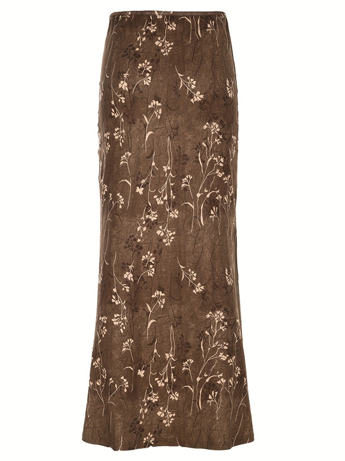 1pc French Romantic High-Waisted Midi Skirt, Polyester Floral Print with Side Slit, All-Season Knit Fabric Skirt for Vacation