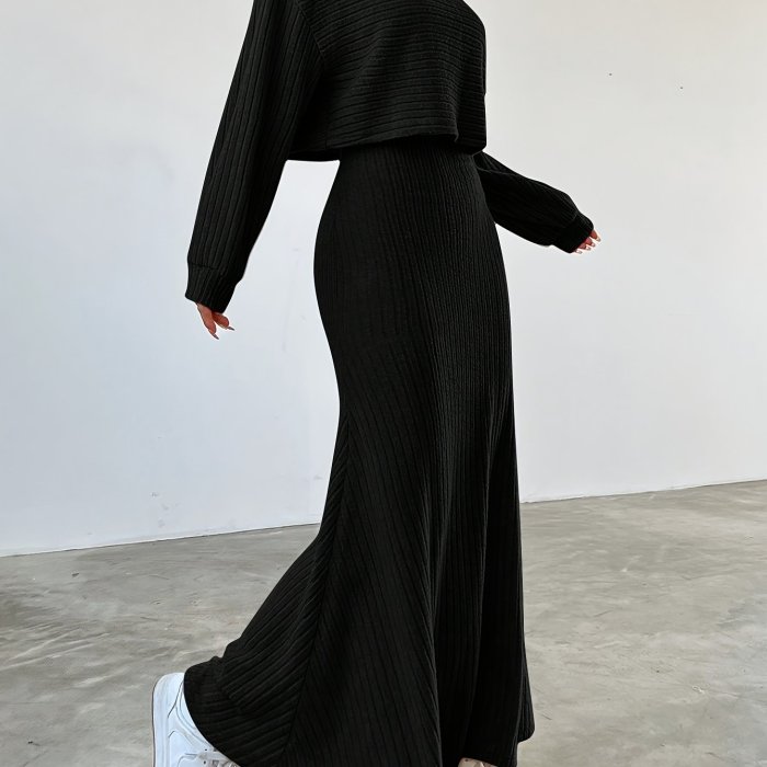 Elegant Ribbed Dress Set - Women's Dress Suits with Crew Neck Long Sleeve Top & Maxi Tank Dress Outfits, Soft Solid Color, Comfortable, Versatile, and Chic Clothing for Everyday Wear