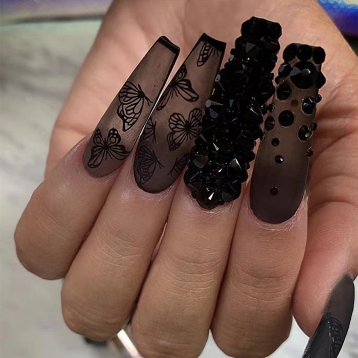 Press On Nails Long Coffin Fake Nails Black False Nails With 3D Rhinestone Butterfly Design Matte Full Cover Stick On Nails For Women, Halloween Nails