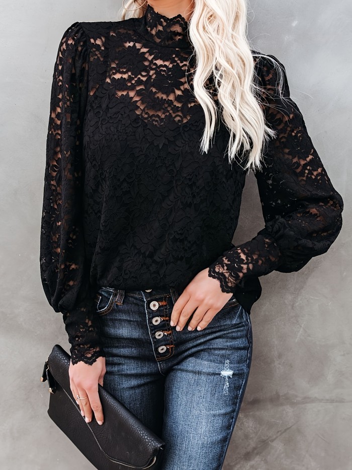 Elegant Floral Lace Top - Semi-Sheer, Mock Neck, Long Sleeve, Solid Pattern, Spring & Fall Essential - Women's Clothing for Chic Style