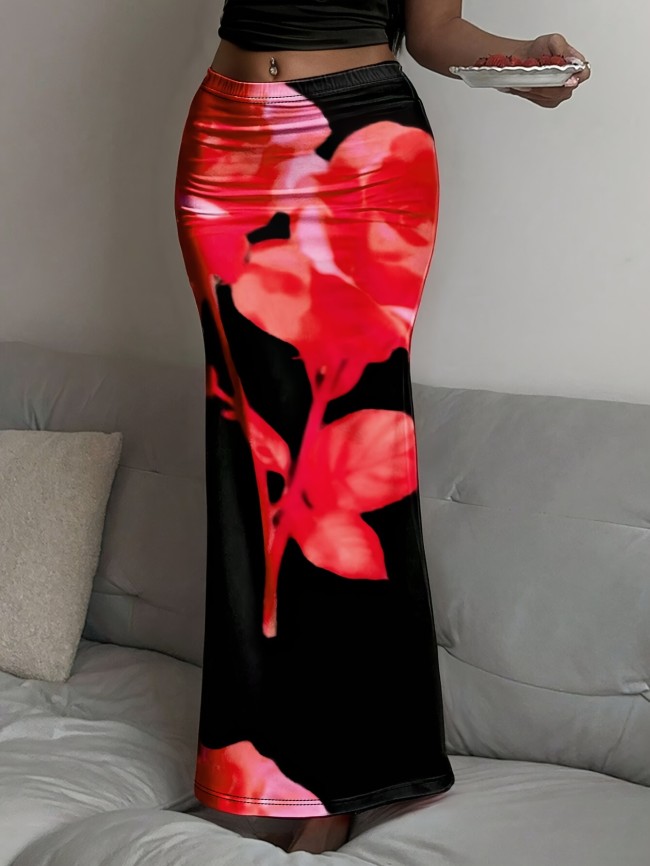 Floral Print Low Waist Mermaid Hem Skirt, Elegant Slim Fit Maxi Skirt For Spring & Summer, Women's Clothing