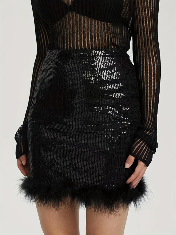 Faux Feather Trim Sequin Skirt, Elegant High Waist Bodycon Party Wear Mini Skirt, Women's Clothing