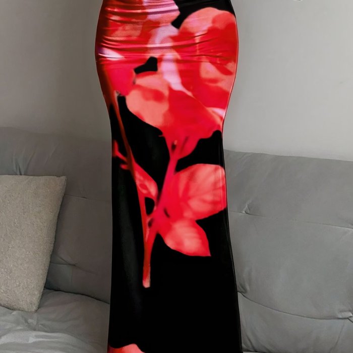Floral Print Low Waist Mermaid Hem Skirt, Elegant Slim Fit Maxi Skirt For Spring & Summer, Women's Clothing