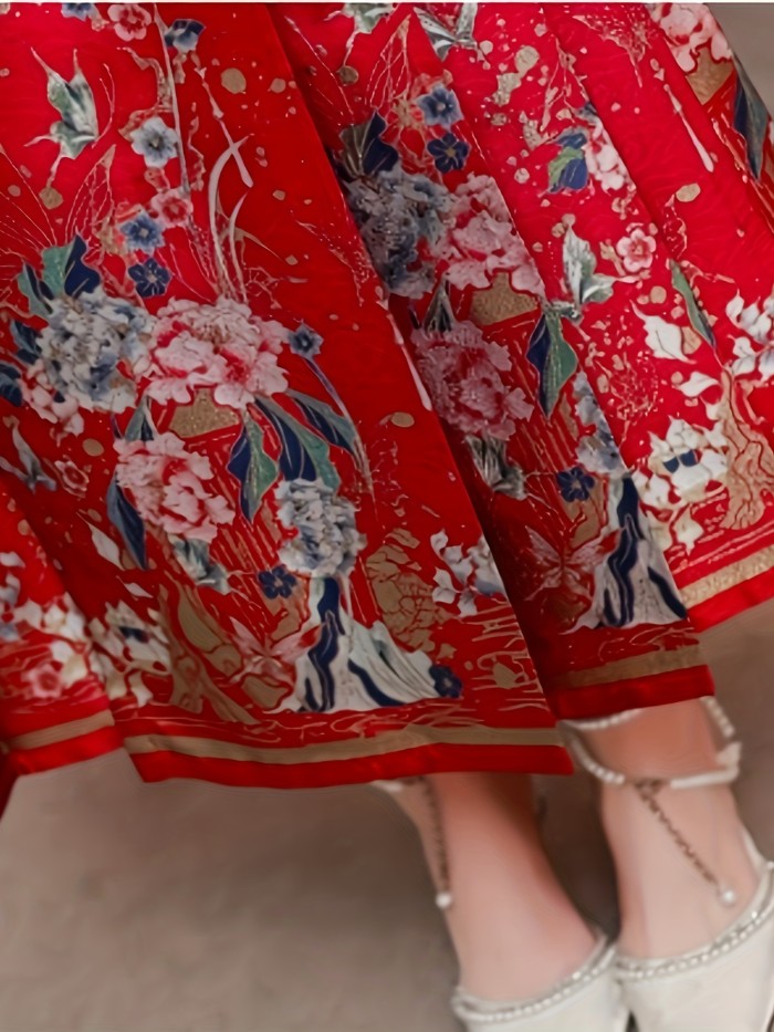 Vintage-Inspired Red Floral Pleated Skirt with Belt - High Waist, Non-Stretch Polyester, Machine Washable - Perfect for All Seasons