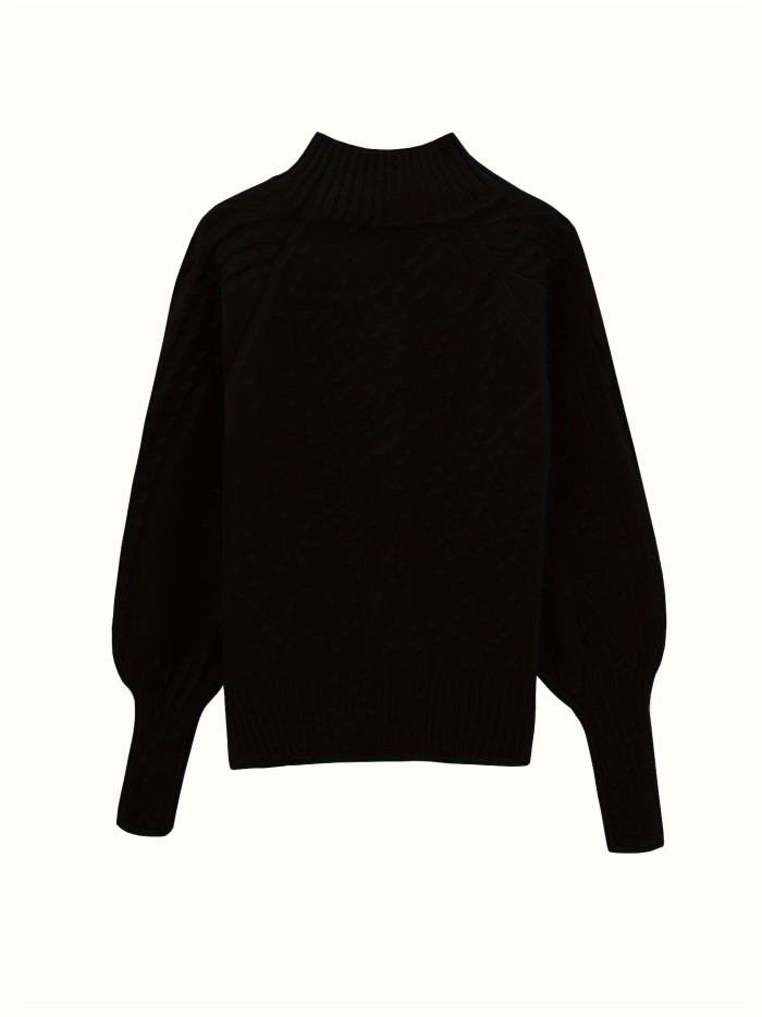Cozy Cable Knit High Neck Sweater - Soft Mid-Elasticity Polyester Fabric, Elegant Drop Shoulder Design, Long Sleeve, Solid Color, Perfect for Fall & Winter, Womens Clothing