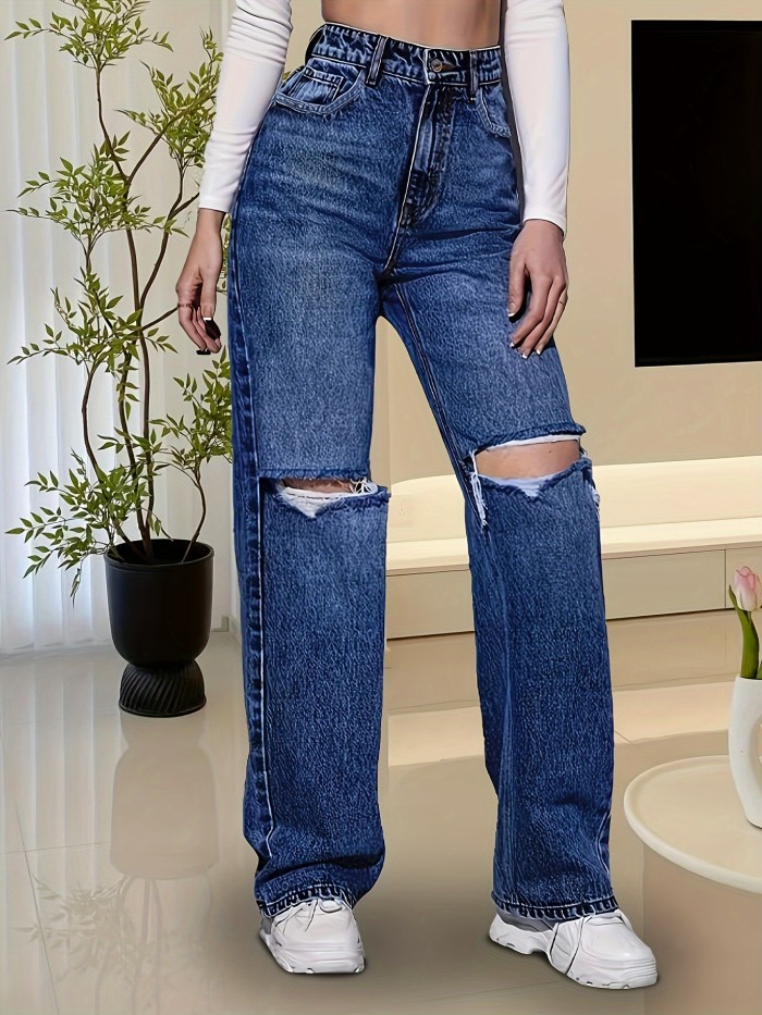 Vintage Chic Ripped Straight Leg Denim Jeans - Washed Blue, Casual Style, Zipper Button Closure, Stretchy Fabric, Comfortable Fit - Women's Fashion Denim Pants & Clothing