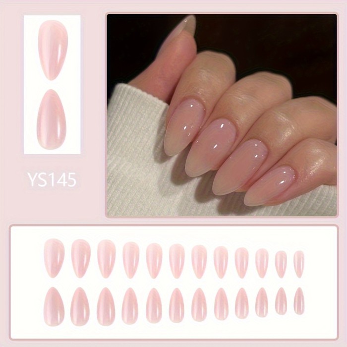 24pcs Chic Almond-Shaped Press-On Nails in Pink - Glossy Finish, Long Length, Solid Color with Application Tools Included