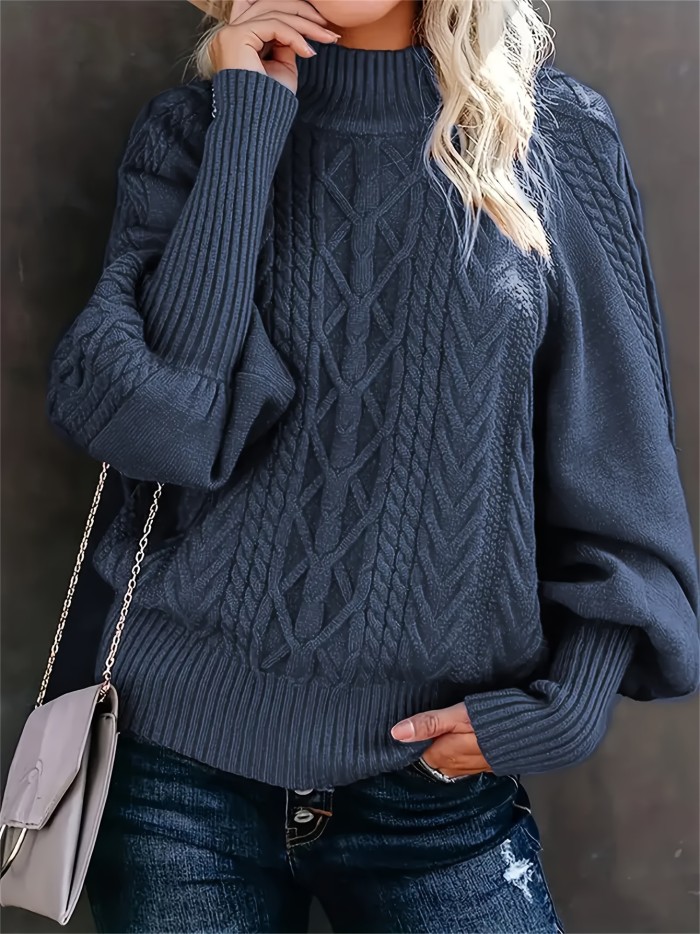 Cozy Cable Knit High Neck Sweater - Soft Mid-Elasticity Polyester Fabric, Elegant Drop Shoulder Design, Long Sleeve, Solid Color, Perfect for Fall & Winter, Womens Clothing