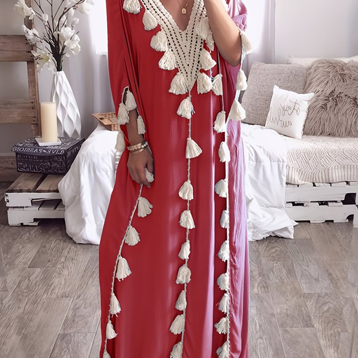 Elegant Long Sleeve Maxi Kaftan Dress with Tassel Decor - V-Neck, Flowy and Comfortable for Ramadan and Special Occasions, Women's Fashion Wear