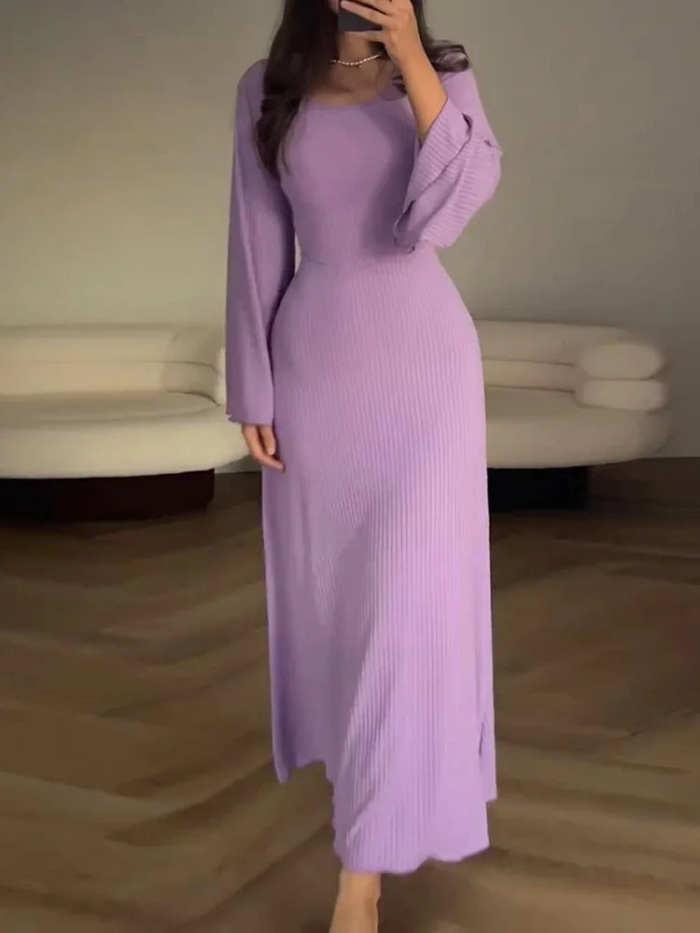 Patchwork Bandaged Round-necked Slim-fitted Long-sleeved Street-ready Ankle-length Maxi Dress