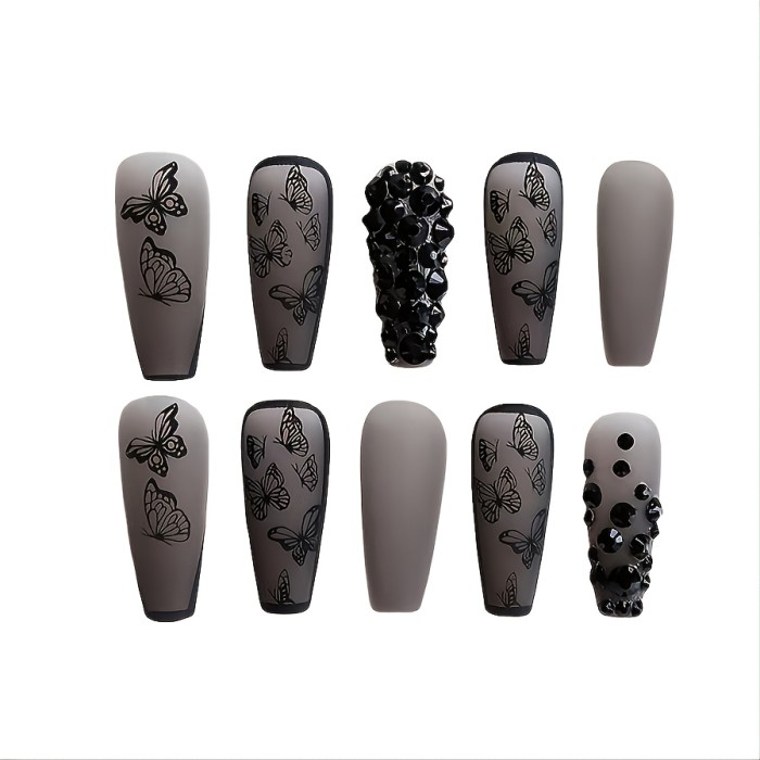 Press On Nails Long Coffin Fake Nails Black False Nails With 3D Rhinestone Butterfly Design Matte Full Cover Stick On Nails For Women, Halloween Nails