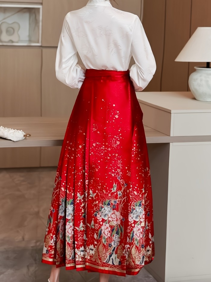 Vintage-Inspired Red Floral Pleated Skirt with Belt - High Waist, Non-Stretch Polyester, Machine Washable - Perfect for All Seasons