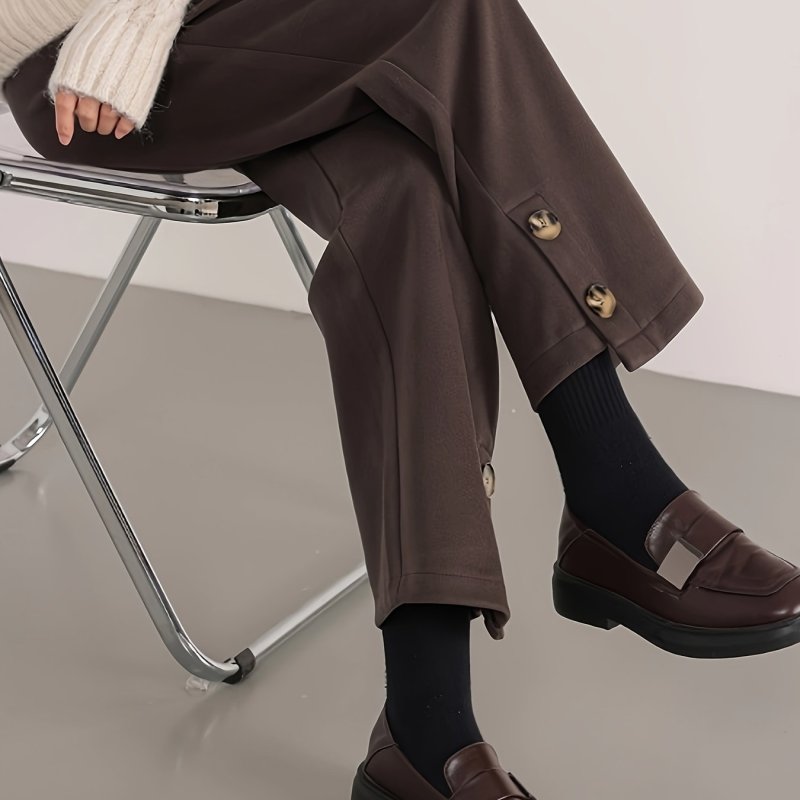1pc Elegant Women'S Polyester Straight Leg Pants, Solid Color, Button Detail, Woven Fabric, Fall\u002FWinter Collection - Versatile Suit Trousers for Adults