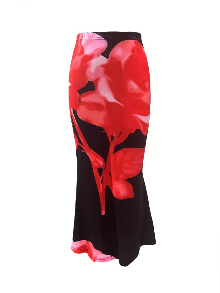 Floral Print Low Waist Mermaid Hem Skirt, Elegant Slim Fit Maxi Skirt For Spring & Summer, Women's Clothing
