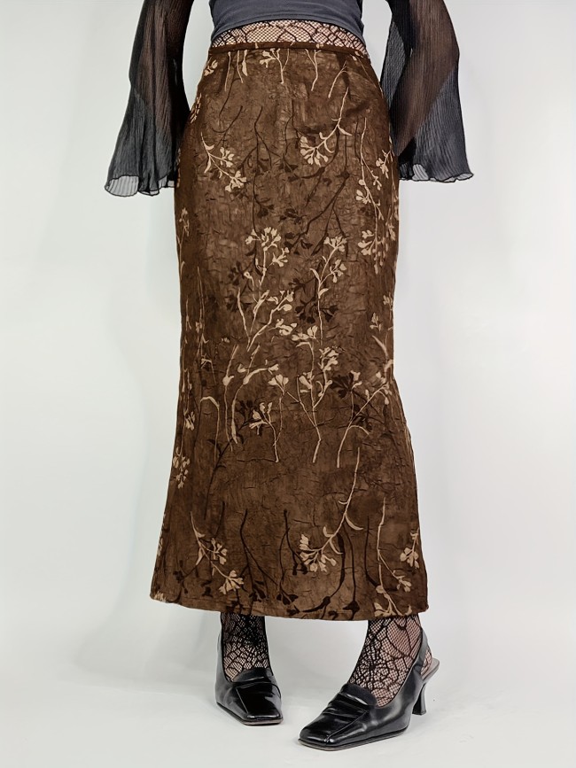 1pc French Romantic High-Waisted Midi Skirt, Polyester Floral Print with Side Slit, All-Season Knit Fabric Skirt for Vacation