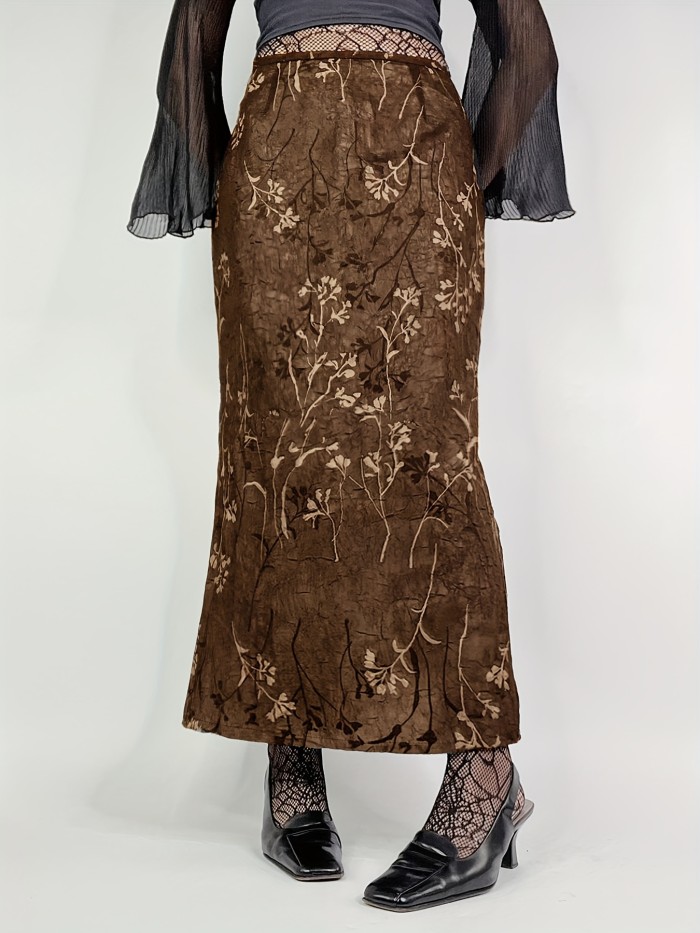 1pc French Romantic High-Waisted Midi Skirt, Polyester Floral Print with Side Slit, All-Season Knit Fabric Skirt for Vacation