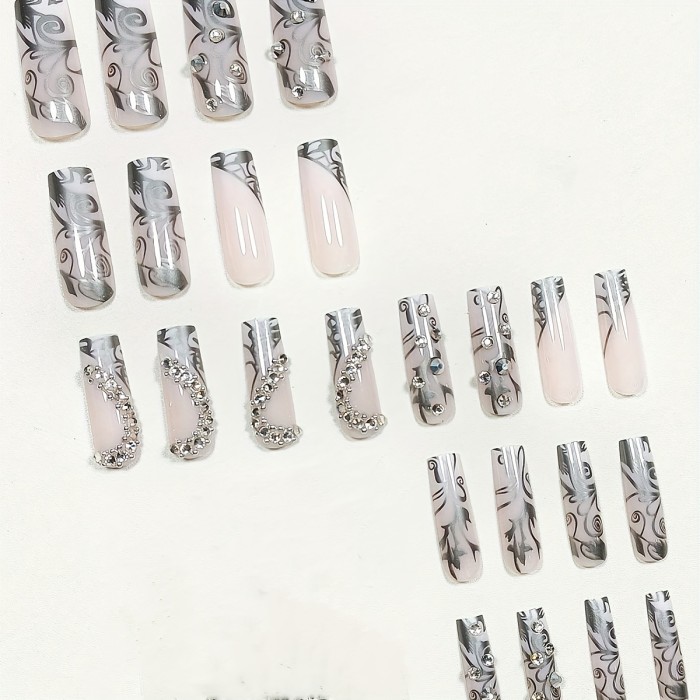 24pcs Luxurious Glossy Square False Nails - Chic Nude with Sparkling Silver Stripe & Dazzling 3D Heart Rhinestones - Romantic Press-On Design for Women Girls