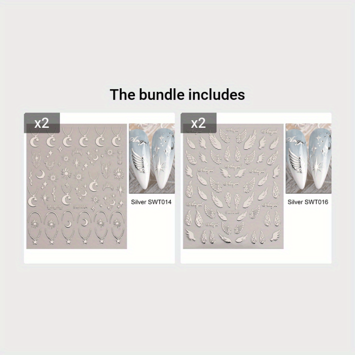Bronzing Nail Stickers, Angel Wings Star Moon Necklace Nail Decals, Polished Sliver Golden Pattern Manicure Accessories