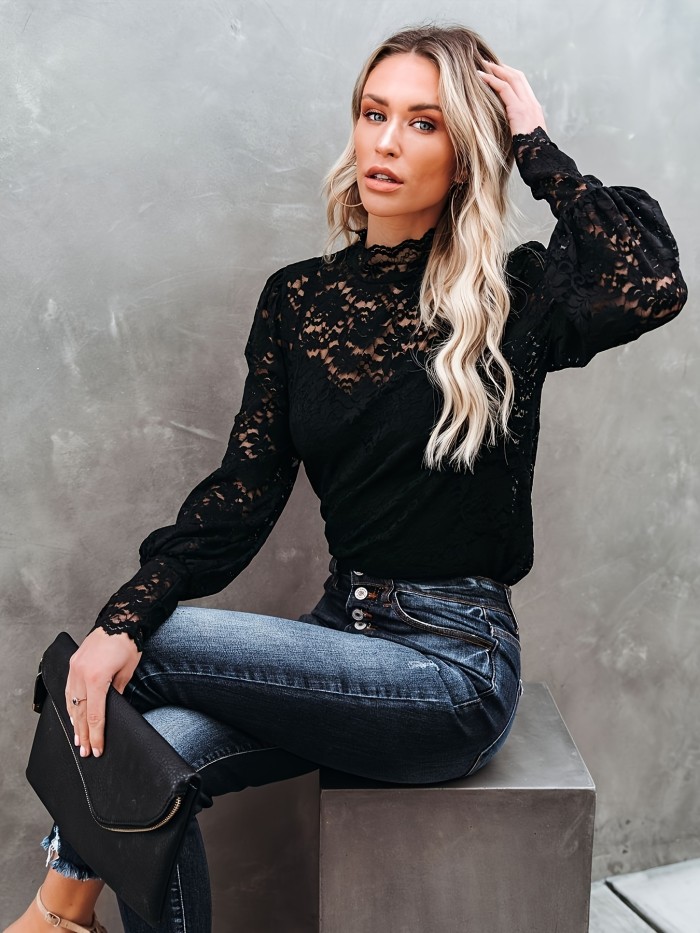 Elegant Floral Lace Top - Semi-Sheer, Mock Neck, Long Sleeve, Solid Pattern, Spring & Fall Essential - Women's Clothing for Chic Style