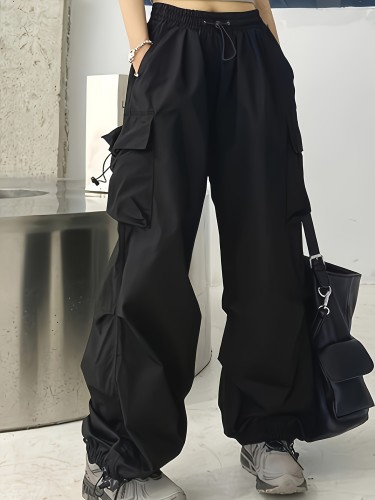 Stylish Wide Leg Cargo Pants with Flap Pockets - Comfortable Drawstring Waist, Relaxed Fit, Breathable Fabric, Perfect for Spring & Summer Outings - Women's Casual Clothing for Everyday Wear