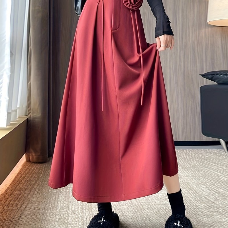 Hemlock Floral High-Waist A-Line Midi Skirt, Polyester Blend, Solid Color, Spring\u002FFall, with Zipper Detail, for Women, Young Style Woven Skirt