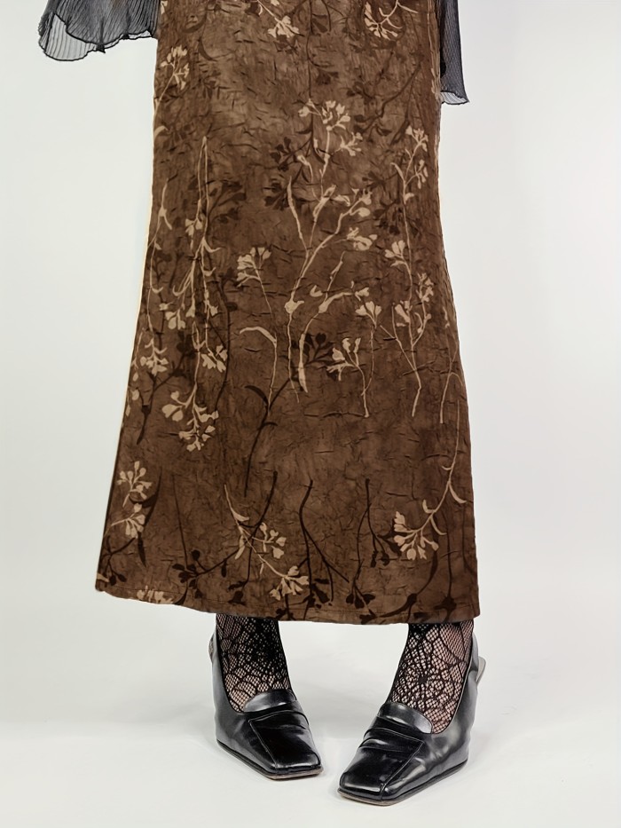 1pc French Romantic High-Waisted Midi Skirt, Polyester Floral Print with Side Slit, All-Season Knit Fabric Skirt for Vacation