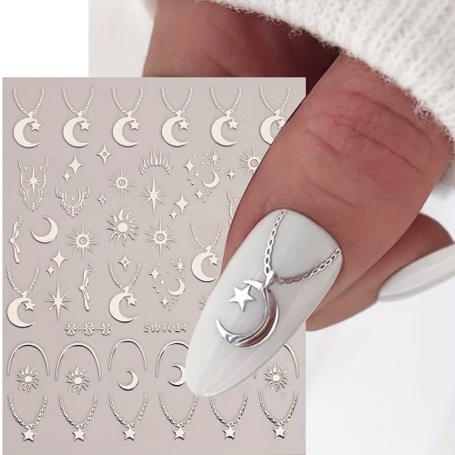 Bronzing Nail Stickers, Angel Wings Star Moon Necklace Nail Decals, Polished Sliver Golden Pattern Manicure Accessories