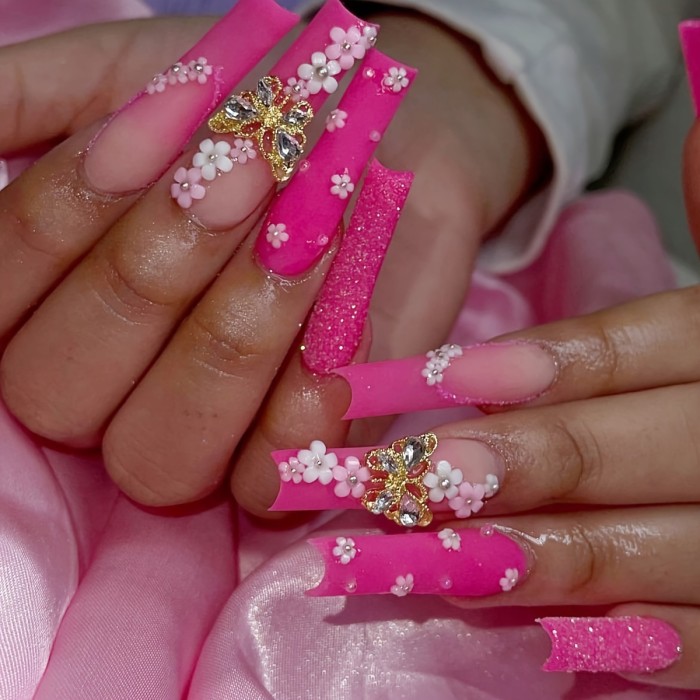 24pcs Luxurious Glossy Square False Nails - Chic Nude with Sparkling Silver Stripe & Dazzling 3D Heart Rhinestones - Romantic Press-On Design for Women Girls