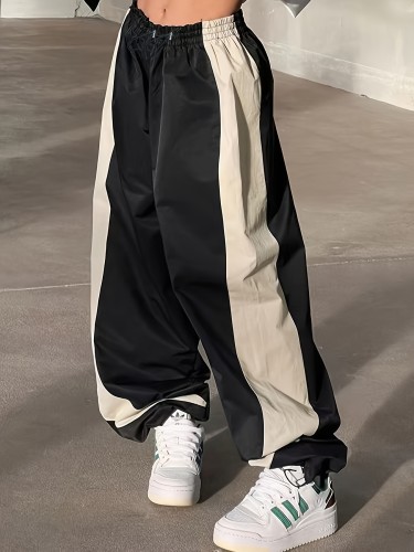 Wide Leg Patchwork Color Block Pants, Casual Loose Drawstring Waist For Spring & Summer, Women's Clothing