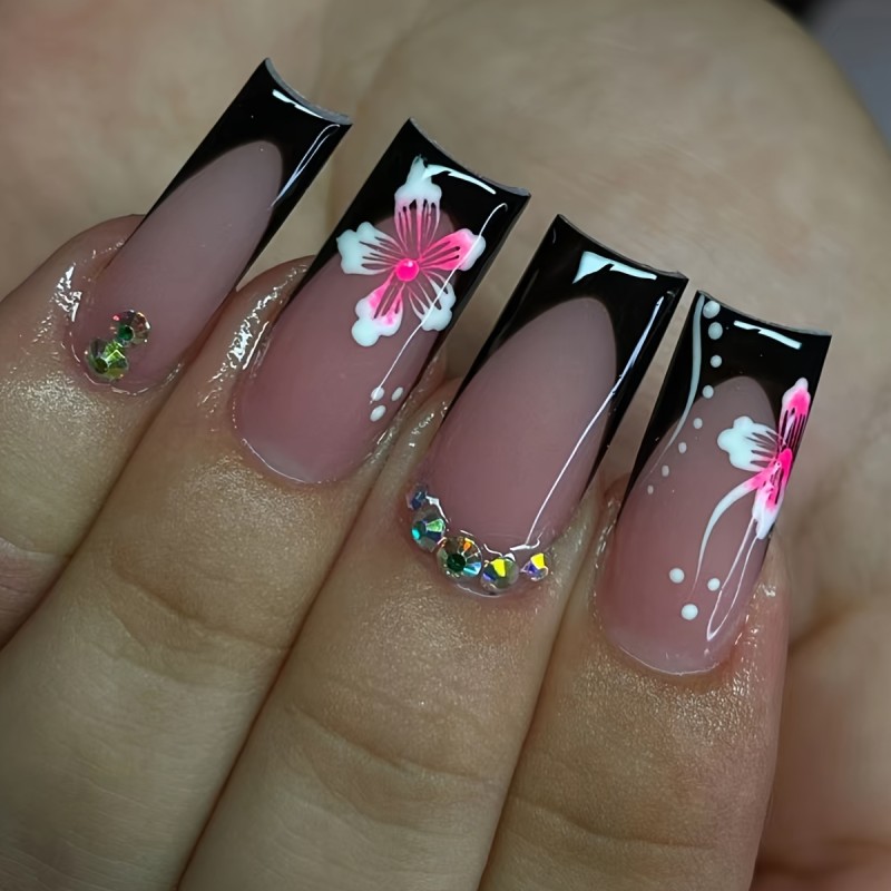 24 Pcs Elegant French Tip Press-On Nail Tips with Hand-Stick Rhinestones, Floral Designs, and Black French Tip Patterns - Long Oval Shape, Mixed Color Scheme, and Shiny Finish - Perfect for Everyday Wear - Includes Fruit Jelly and File Sticks