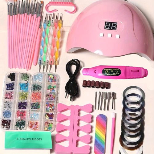 15-in-1 Nail Art Tool Set with UV Nail Lamp, Professional Nail Polisher, Dead Skin Remover, Finger Divider - Stainless Steel Kit for DIY Nail Art, USB Powered, Hypoallergenic, No Gel or Powder Included, Weight \u003E300g