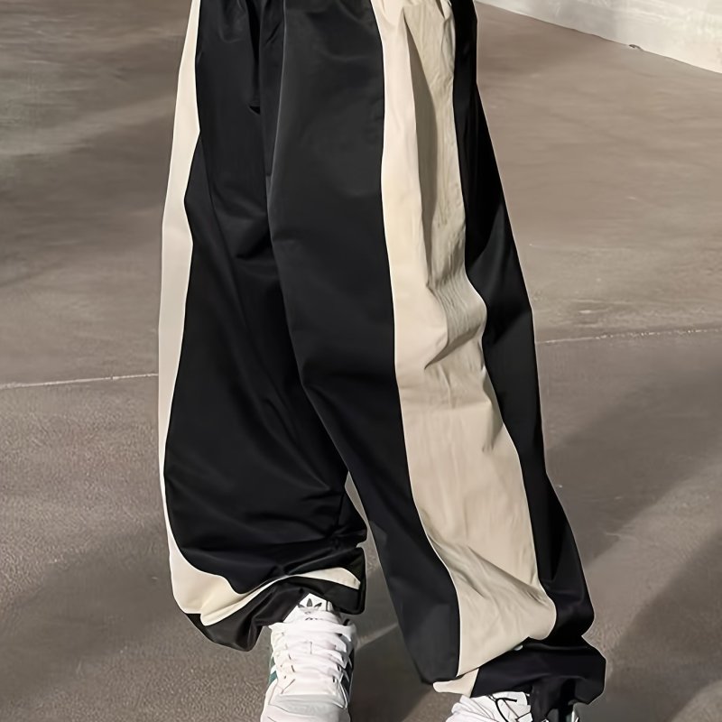 Wide Leg Patchwork Color Block Pants, Casual Loose Drawstring Waist For Spring & Summer, Women's Clothing