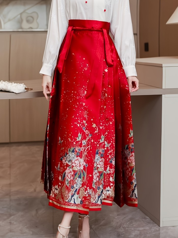 Vintage-Inspired Red Floral Pleated Skirt with Belt - High Waist, Non-Stretch Polyester, Machine Washable - Perfect for All Seasons