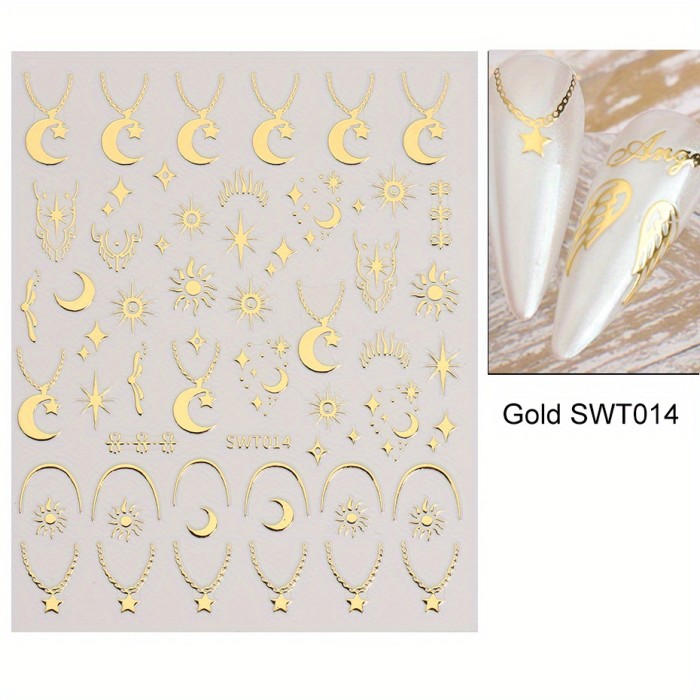 Bronzing Nail Stickers, Angel Wings Star Moon Necklace Nail Decals, Polished Sliver Golden Pattern Manicure Accessories