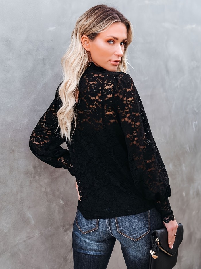 Elegant Floral Lace Top - Semi-Sheer, Mock Neck, Long Sleeve, Solid Pattern, Spring & Fall Essential - Women's Clothing for Chic Style